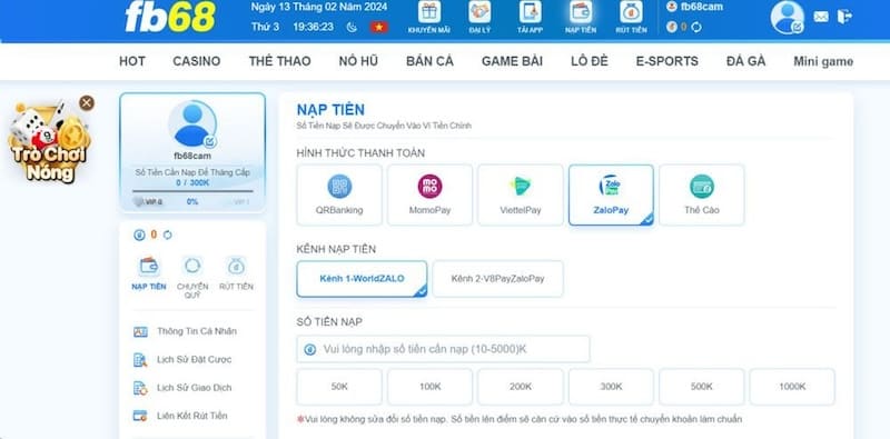 3 bước nạp tiền vào tài khoản fb68